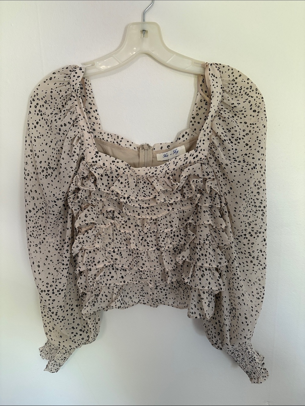 She + Sky Beige Ruffle Front Long Sleeve Blouse with Black Speckle Print